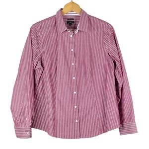 Talbots Petites Women's Red White Stripe Button Down Shirt Size 12P Office EUC